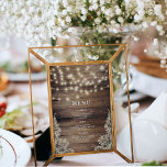 Menu Bois rustique & Lumières à cordes<br><div class="desc">Un thème mariage classique avec un arrière - plan rustique en bois,  de la dentelle imitation vintage et des lampes à cordes. Ce menu propose une entrée,  un plat et un dessert.</div>