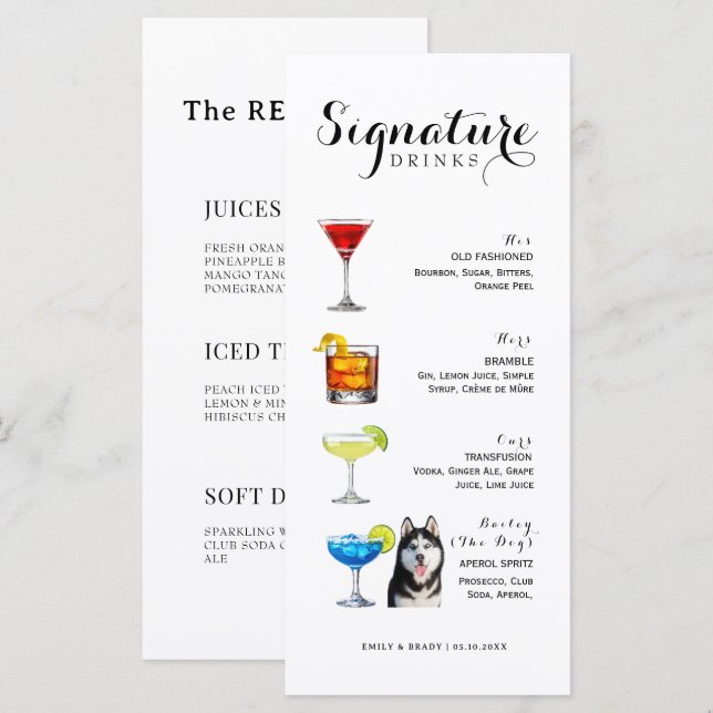 Menu Boisson Signature Minimaliste Aquarelle Cocktail (Devant / Derrière)