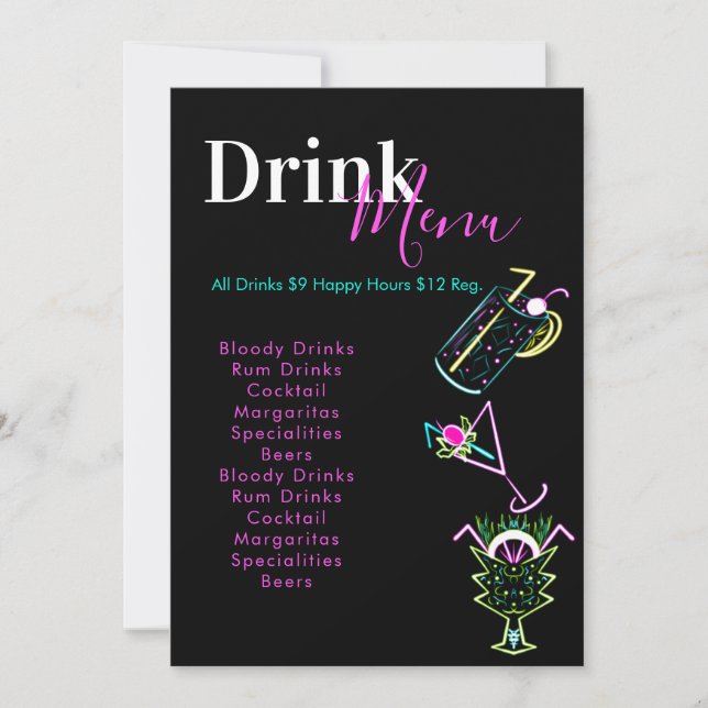 Menu Boissons Abstrait du Bar Club Neon (Devant)