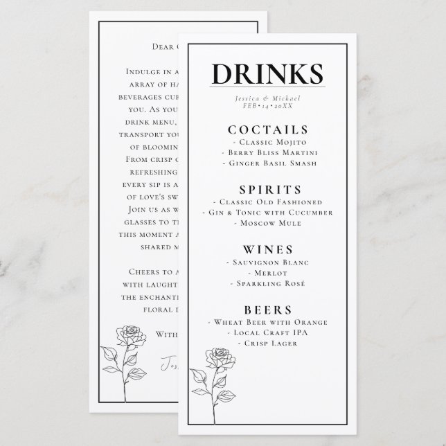 Menu BOISSONS + beau texte Bloom intemporel (Devant / Derrière)