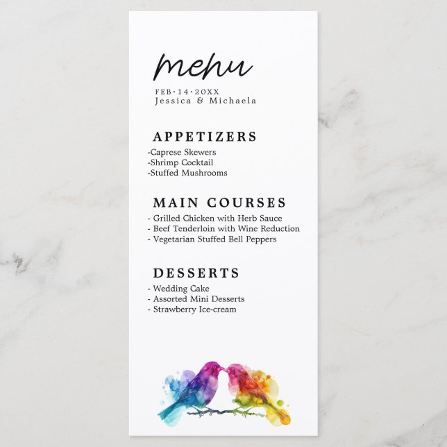 MENU + Boissons Collection Lovebirds arc-en-ciel (Devant)