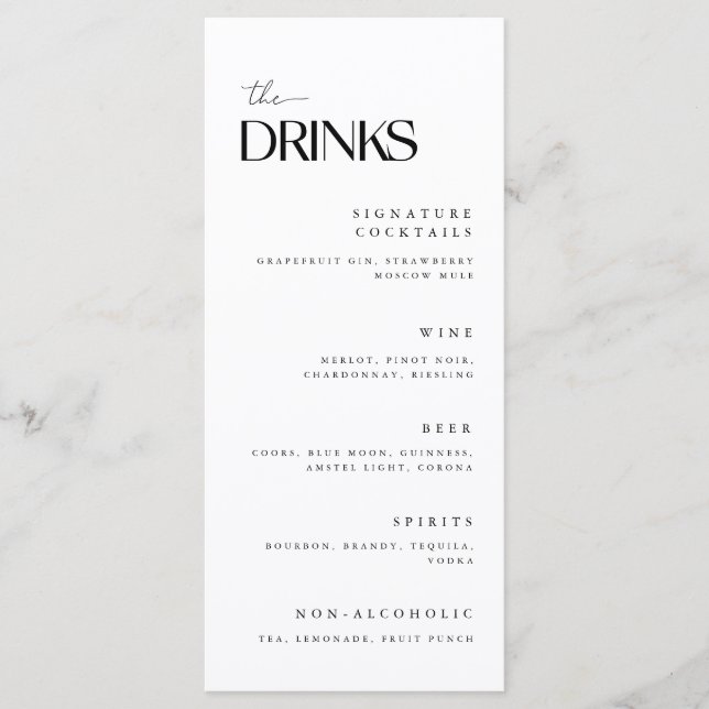 Menu Boissons de mariage minimalistes blanches (Devant)