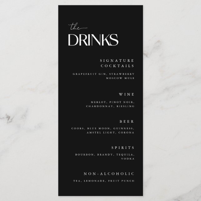 Menu Boissons de mariage noir et blanc moderne gras (Devant)