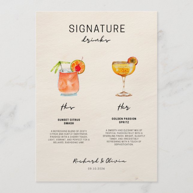 Menu Boissons de signature de mariage – Collection de c (Devant)