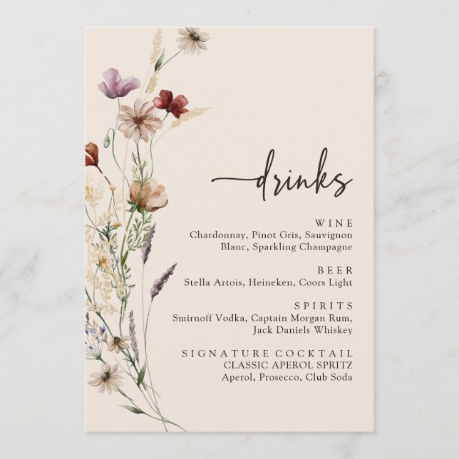 Menu Boissons Élégantes de Fleurs Sauvages de Mariage (Devant)