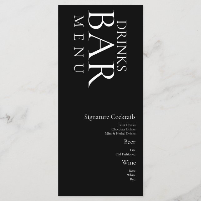 Menu Boissons Simples Cocktail Vin Mariage  Noir Blanc  (Devant)