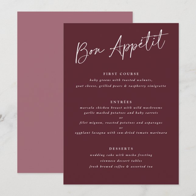 Menu Bon Appétit Merlot Burgundy Mariage d'écriture man (Devant / Derrière)