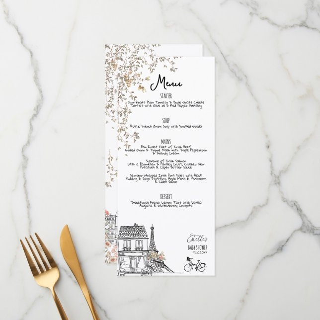 Menu Bonjour Bebe Baby shower neutre du genre (Devant/Arrière en situation)