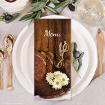 Menu Boots et marguerites de Cowboy Western Mariage Men<br><div class="desc">Customisez le charmant menu Cowboy Boots, Daisies et Horse Bit Mariage campagnard avec les détails du repas que vous pourrez servir à votre soirée de fiançailles à thème de ranch rustique, déjeuner de douche nuptiale ou dîner de réception de mariage en ajoutant la salade ou le premier plat, entrée ou...</div>