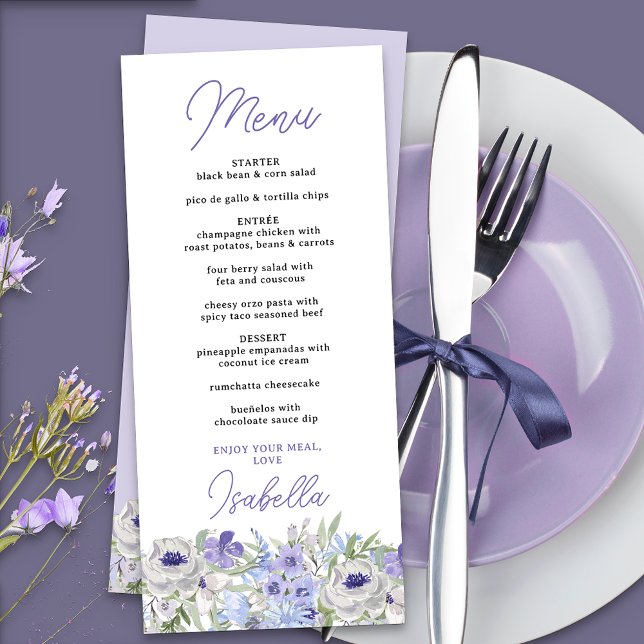 Menu Bordure florale de lavande violette pour dîner (Menu with editable courses and food items, from the purple peri floral collection)