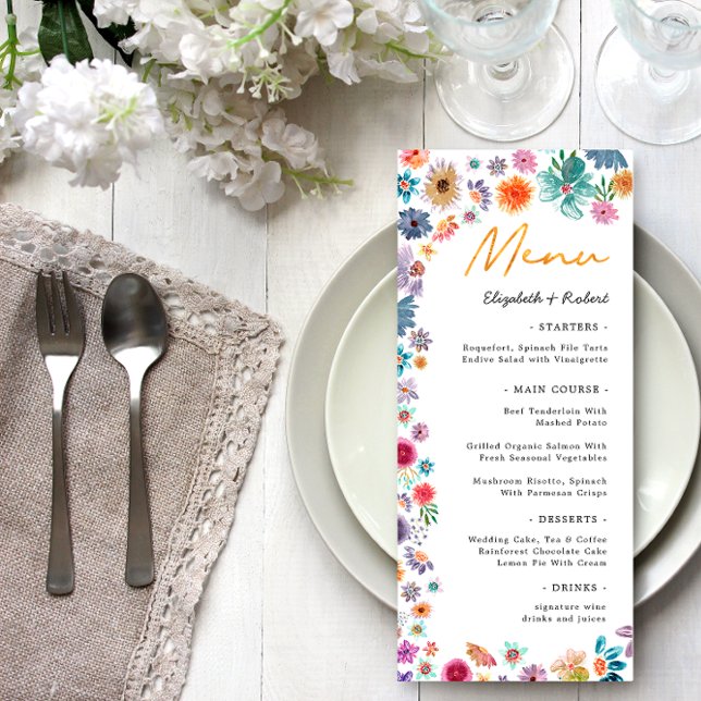 Menu Botanique Boho Chic Fleur sauvage Jardin Mariage (Front)
