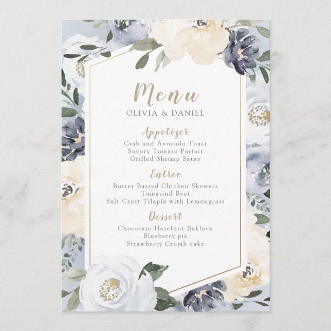 Menu botanique floral bleu foncé fleuri mariage (Devant)