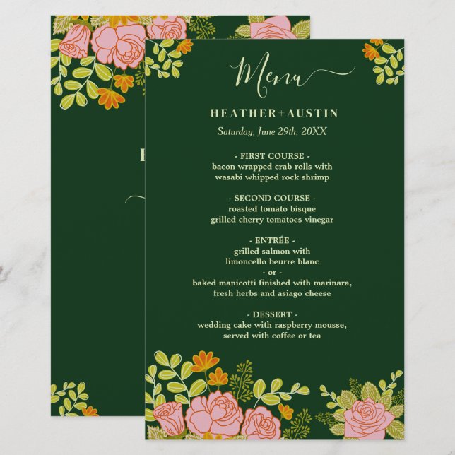 Menu Botanique Floral Dark Green Mariage (Devant / Derrière)