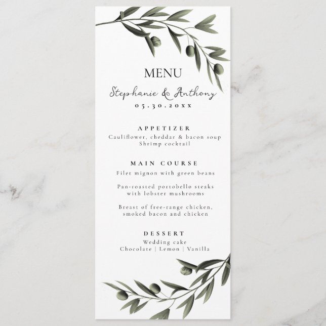 Menu Botanique Olive Branch Feuille Mariage italien (Devant)