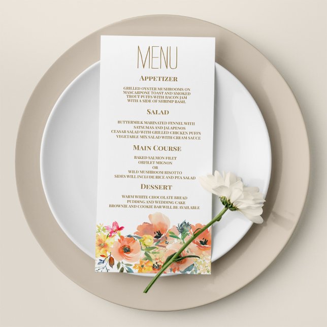 Menu Botanique orange jaune rose Mariage (Botanic orange yellow pink floral Wedding Menu )