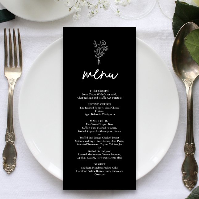 Menu Botaniques Minimalistes Noires en Terre Cuite pour (Black minimalist botanical wedding menu adds bold elegance while showcasing your dishes beautifully.)