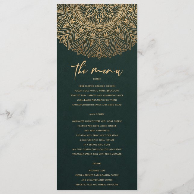 MENU BOTTLE VERT OR CLASSIQUE ORNATE MANDALA MARIAGE (Devant)