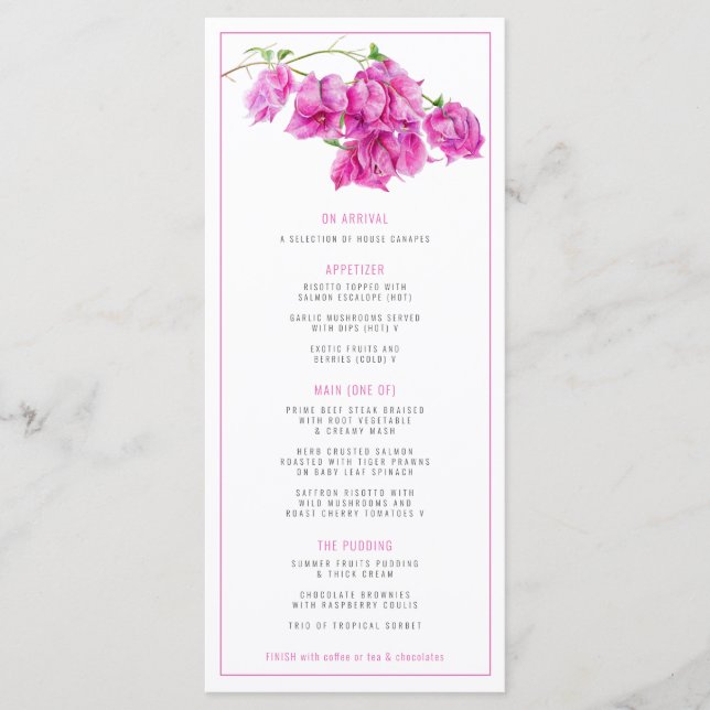 Menu Bougainvillea rose violet mariage d'aquarelle (Devant)