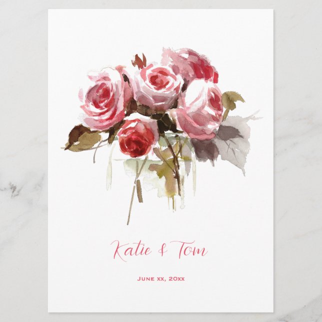 Menu Bouquet de rose aquarelle Réception de mariage (Dos)