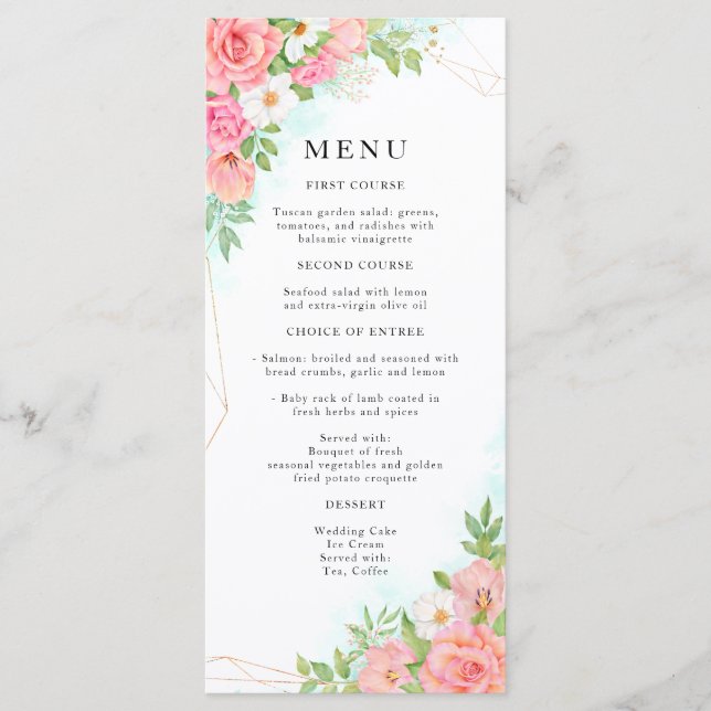 Menu Bouquet floral Aquarelle rose Mariage (Devant)