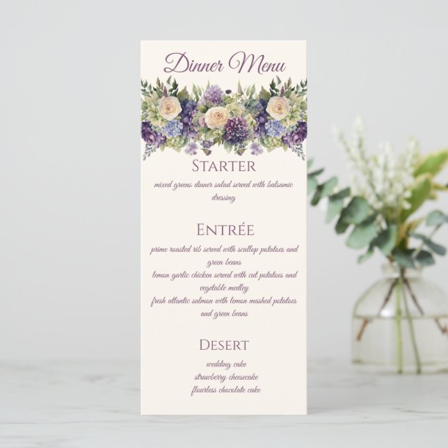 Menu Bouquet-Mariage de fleurs pourpres - Aquarelle (Debout devant)