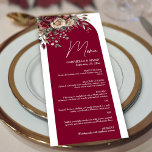 Menu Bourgogne & Crème Roses Élégant Mariage d'arc<br><div class="desc">Ajoutez une touche de classe à votre mariage avec ce beau menu en forme d'arc. Le design se compose d'un ensemble de roses d'aquarelle dans les tons bordeaux et crème avec d'élégants sprigs d'eucalyptus et de verdure qui drapent au coin de l'arc. Personnalisé avec vos noms et date mariage sous...</div>