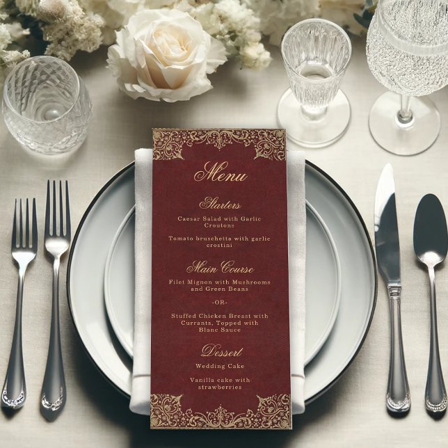 Menu Bourgogne Élégant Vintage Écriture Dorée Mariage (Créateur téléchargé)