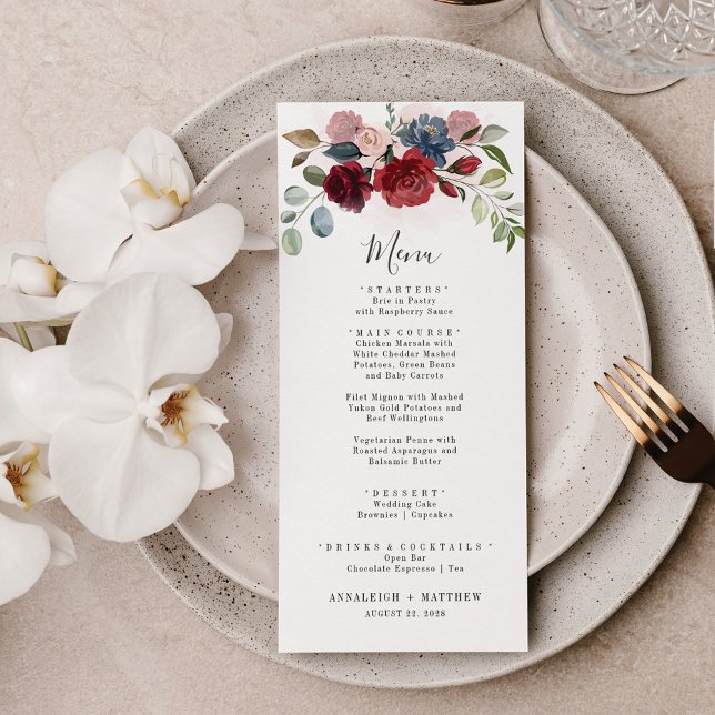 Menu Bourgogne Floral Dusty Blue Botanical Mariage (Créateur téléchargé)