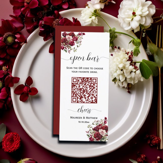 Menu Bourgogne Floral Moderne QR Code Mariage Open Bar (Créateur téléchargé)