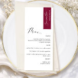 Menu Bourgogne Personnalisé avec le Nom de l'Invité Men<br><div class="desc">Pourquoi dépenser pour des cartons de placement et des menus lorsque vous pouvez avoir un menu élégant tout-en-un personnalisé avec le nom de chaque invité ! Design contemporain, simple et élégant avec une belle calligraphie manuscrite moderne. Une bande dans le coin supérieur droit en bordeaux avec le nom de l'invité...</div>