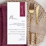 Menu Bourgogne Personnalisé avec Nom de l'hôte Elegant<br><div class="desc">Pourquoi passer à l'endroit cartes et cartes de menu quand vous pouvez avoir un élégant menu tout-en-un élégant personnalisé avec chaque nom d'invité! Contemporain, simple et élégant design avec belle calligraphie manuscrite moderne. En haut à droite dans le coin en Bourgogne avec nom d'hôte en blanc. De retour dans la...</div>