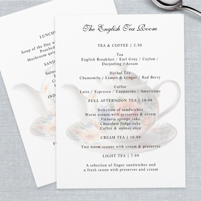 Menu Boutique traditionnelle de salon de thé anglais Th (A customizable menu for a tea room or coffee shop, with floral teapot design)