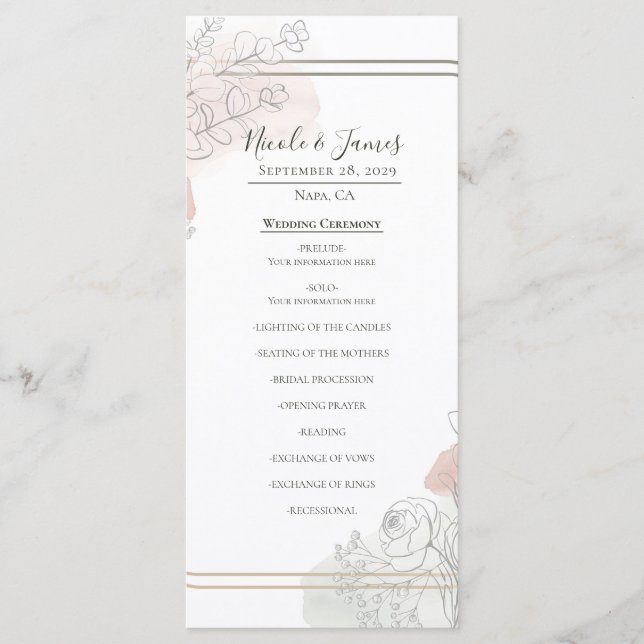 Menu Boutonnière Esquisse Sage & Fleur de Mariage Rose (Devant)