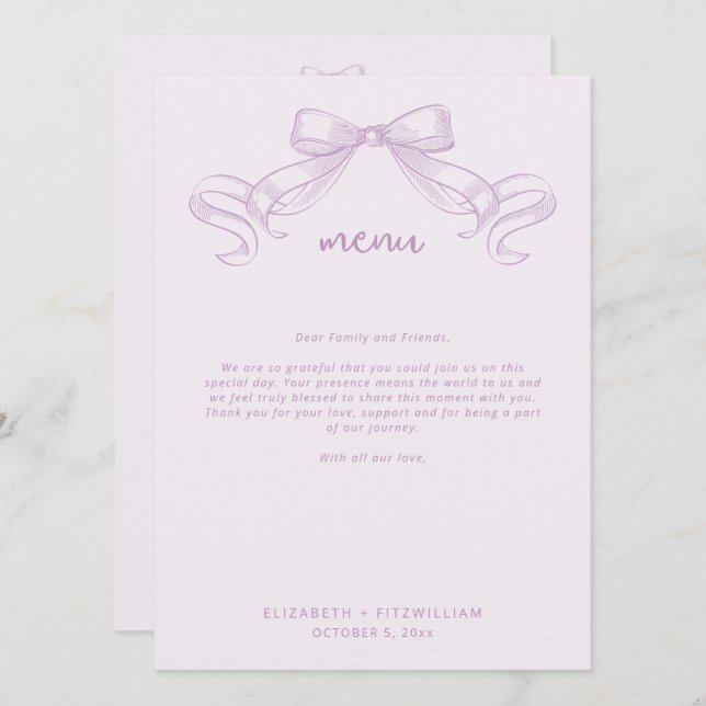 Menu Bow à croquis romantique | Note de remerciement de (Devant / Derrière)