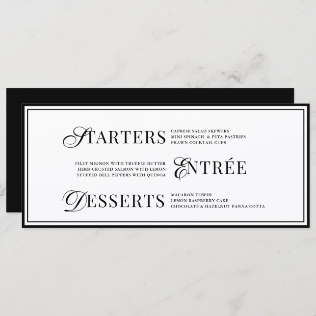 Menu Bow Classic Old Money Black  & White Wedding (Devant / Derrière)