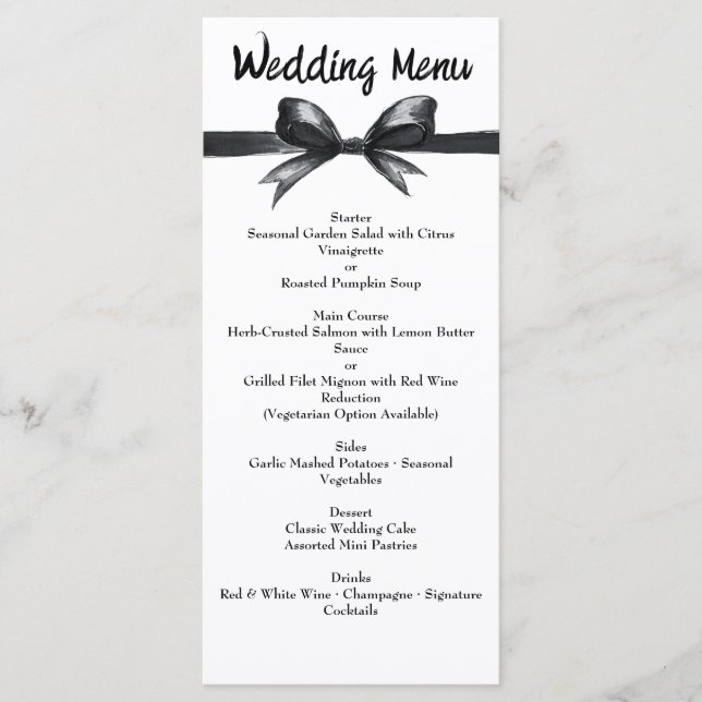 Menu Bow noir et blanc | Mariage élégant | Monochrome (Devant)