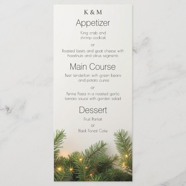 Menu Branches de pin et lumières de Noël Élégant dîner (Devant)