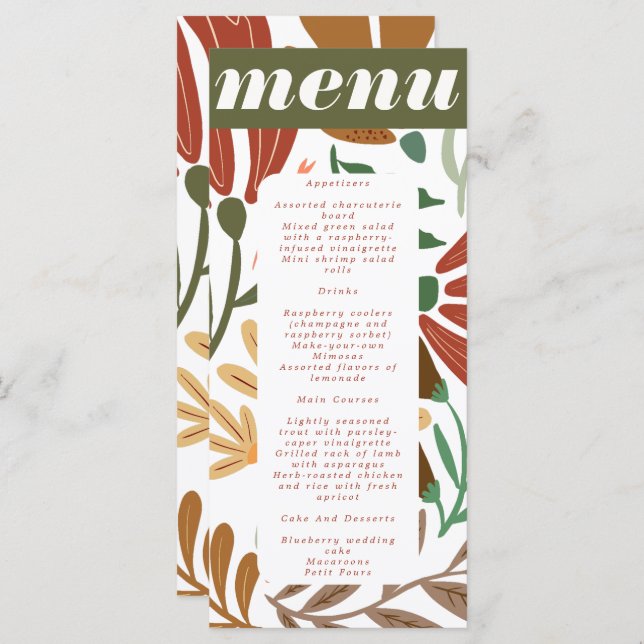 Menu Bright Boho Terracotta Abstrait Mariage floral (Devant / Derrière)
