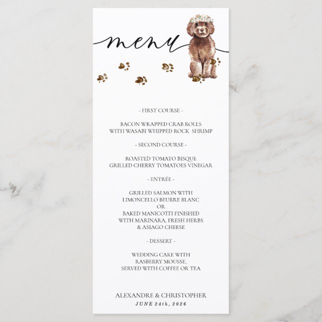 Menu Brown fête de mariage du chiot de Cavapoo (Devant)