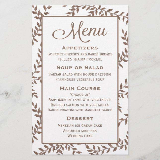 Menu Brown Floral Leaf Watercolor - Mariage (Devant)
