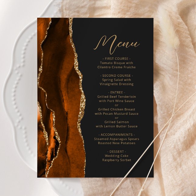 Menu Brûlé Orange Or Agate moderne Script Mariage foncé (Créateur téléchargé)