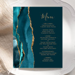 Menu Budget Dark Turquoise Gold Agate Mariage<br><div class="desc">Le bord gauche de cet élégant menu mariage moderne comporte une bordure turquoise d'aquarelle bleue ornée d'une parties scintillant en faux or. Le texte personnalisable combine un script d'écriture manuscrite de couleur or et des polices de cuivre sur un arrière - plan turquoise foncé. L'envers présente un design d'agate turquoise...</div>