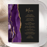 Menu Budget Purple Gold Agate Dark Mariage<br><div class="desc">Le bord gauche de cet élégant menu mariage moderne comporte une bordure d'aquarelle violette ornée d'une parties scintillant en faux or. Le texte personnalisable combine un script d'écriture manuscrite de couleur or et des polices de cuivre sur un arrière - plan non noir. L'envers est assorti d'une agate violette et...</div>
