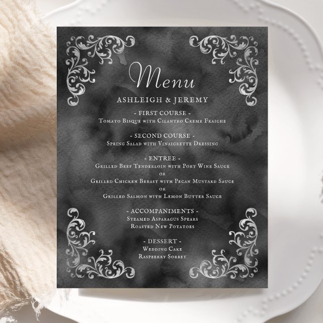Menu Budget Silver Black Vintage Wedding (Créateur téléchargé)