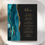 Menu Budget Turquoise Gold Agate Dark Mariage<br><div class="desc">Le bord gauche de cet élégant menu mariage moderne comporte une bordure turquoise d'aquarelle bleue ornée d'une parties scintillant en faux or. Le texte personnalisable combine un script d'écriture manuscrite de couleur or et des polices de cuivre sur un arrière - plan non noir. L'envers présente un design d'agate turquoise...</div>