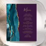 Menu Budget Turquoise Gold Agate Purple Mariage<br><div class="desc">Le bord gauche de cet élégant menu mariage moderne comporte une bordure turquoise d'aquarelle bleue ornée d'une parties scintillant en faux or. Le texte personnalisable combine un script d'écriture manuscrite de couleur or et des polices de cuivre sur un arrière - plan violet. L'envers présente un design d'agate turquoise et...</div>