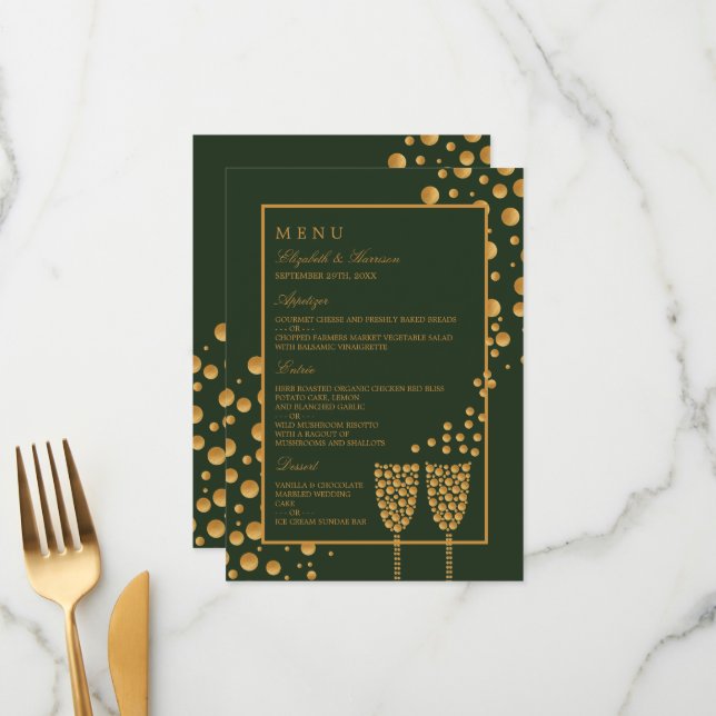 Menu Bulles Champagne d'or - Vert & Or - Mariage (Devant/Arrière en situation)