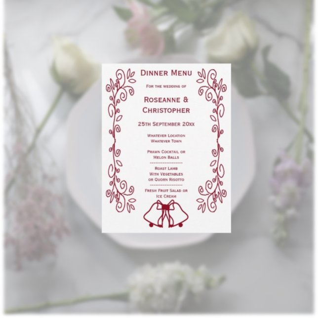 Menu Burgundy Bells Scrollwork Design Mariage (Burgundy wedding dinner menu bells and scrollwork design)