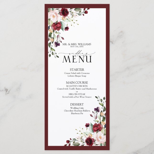 Menu Burgundy Blush Floral Aquarelle Script Mariage (Devant)
