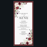 Menu Burgundy Blush Floral Aquarelle Script Mariage<br><div class="desc">Un décor de réception parfait avec ce menu branché de 4"x 9", bouquet de fleurs bordeaux et roses pâles et verdure botanique, bordé d'un rouge bordeaux et riche. Personnalisez vos détails accentués par une belle calligraphie à la main moderne. Parfait pour, mais pas limité à, ce mariage de jardin et...</div>